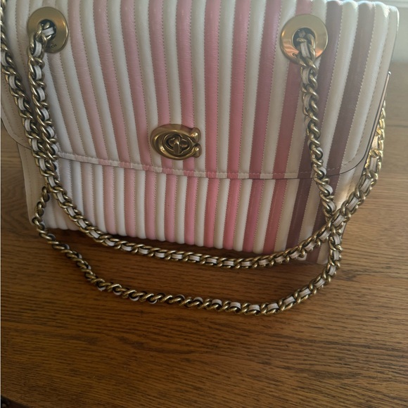 Coach Handbags - Coach Pink and White Striped Chain Shoulder Bag